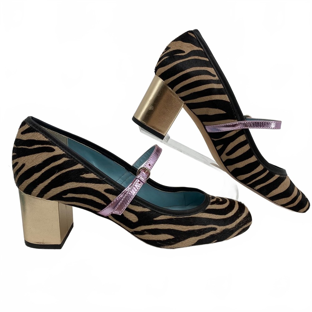 Frances Valentine Black Brown Heels Zebra Mary Jane | Womens 8.5